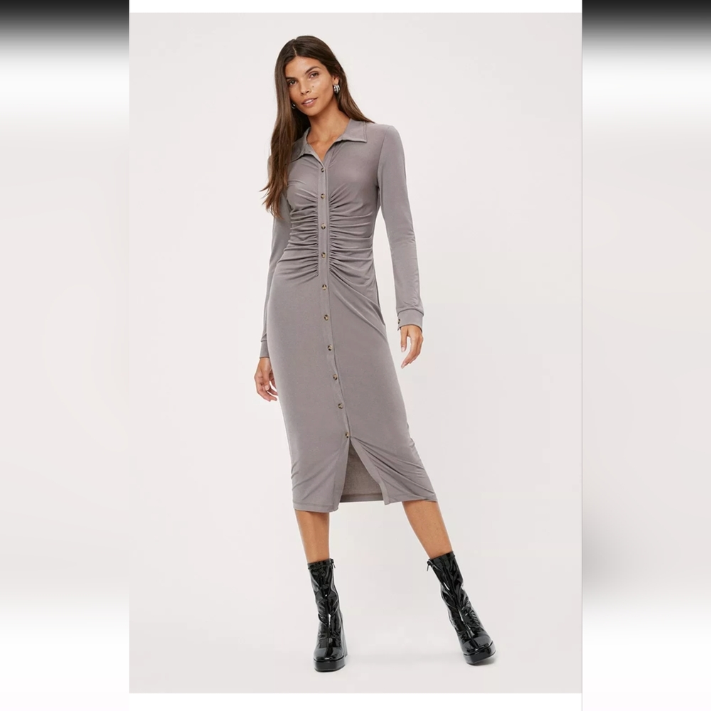 [NASTY GAL] Slinky Ruched Midi Shirt Dress